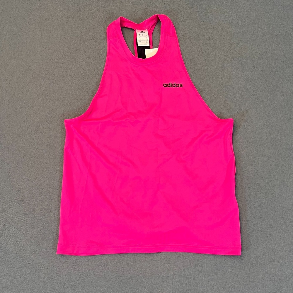 Adidas Womens Med Bright Pink Athletic Tank Top Sleeveless Spellout Logo Run NWT